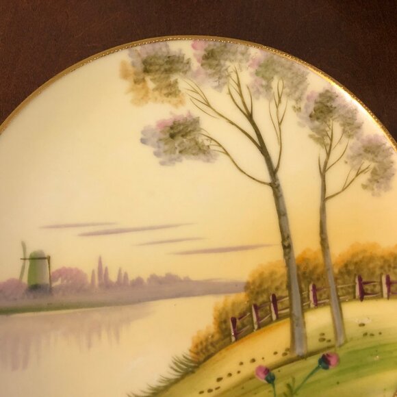 Vintage hand painted japan plates landscape lake side set of two 6.25" gold rim - Picture 6 of 8
